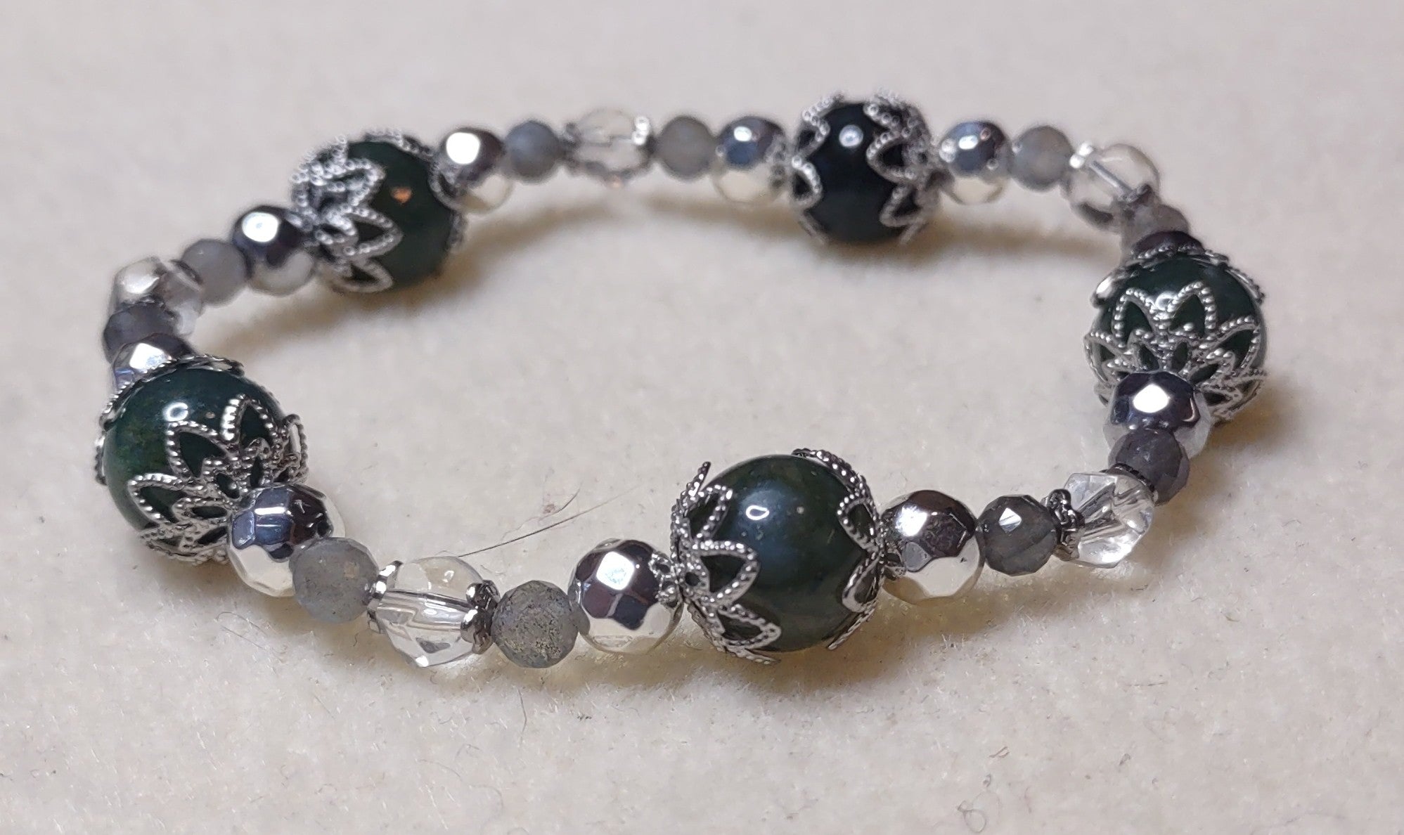 Bracelet: Moss Agate, Quartz, Labradorite, and Hematite